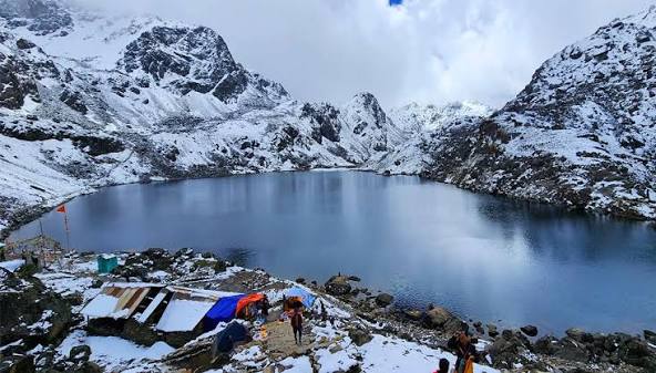 The sacred alpine lake of Gosaikunda ringed by snow-covered ridges, Nepal