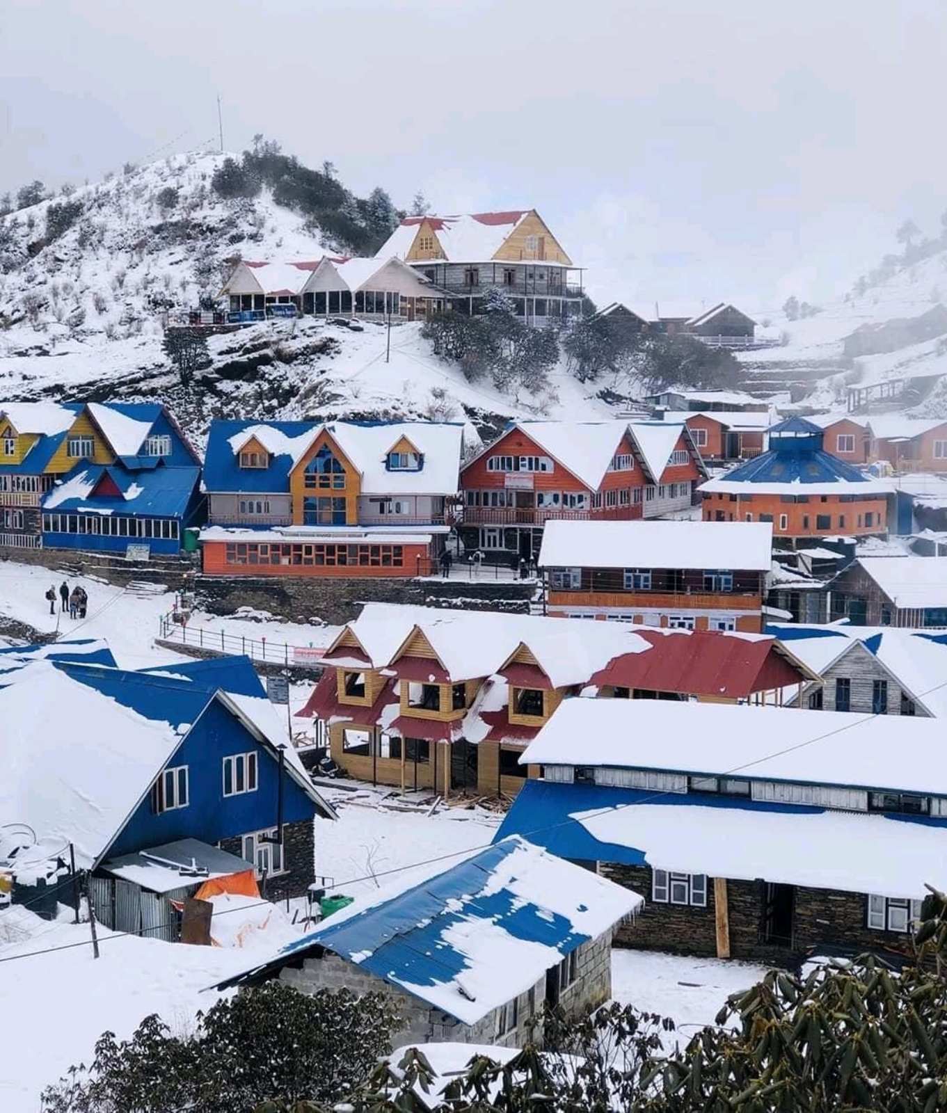 Kalinchowk Bhagwati temple ridge above Kuri Village in snow, Nepal
