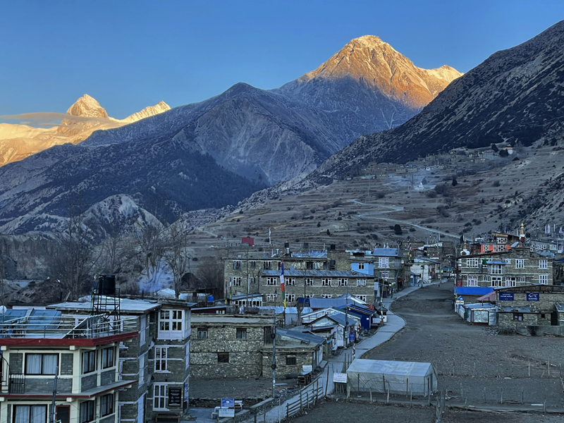 Tibetan-style village of Manang below Annapurna and Gangapurna peaks, Nepal
