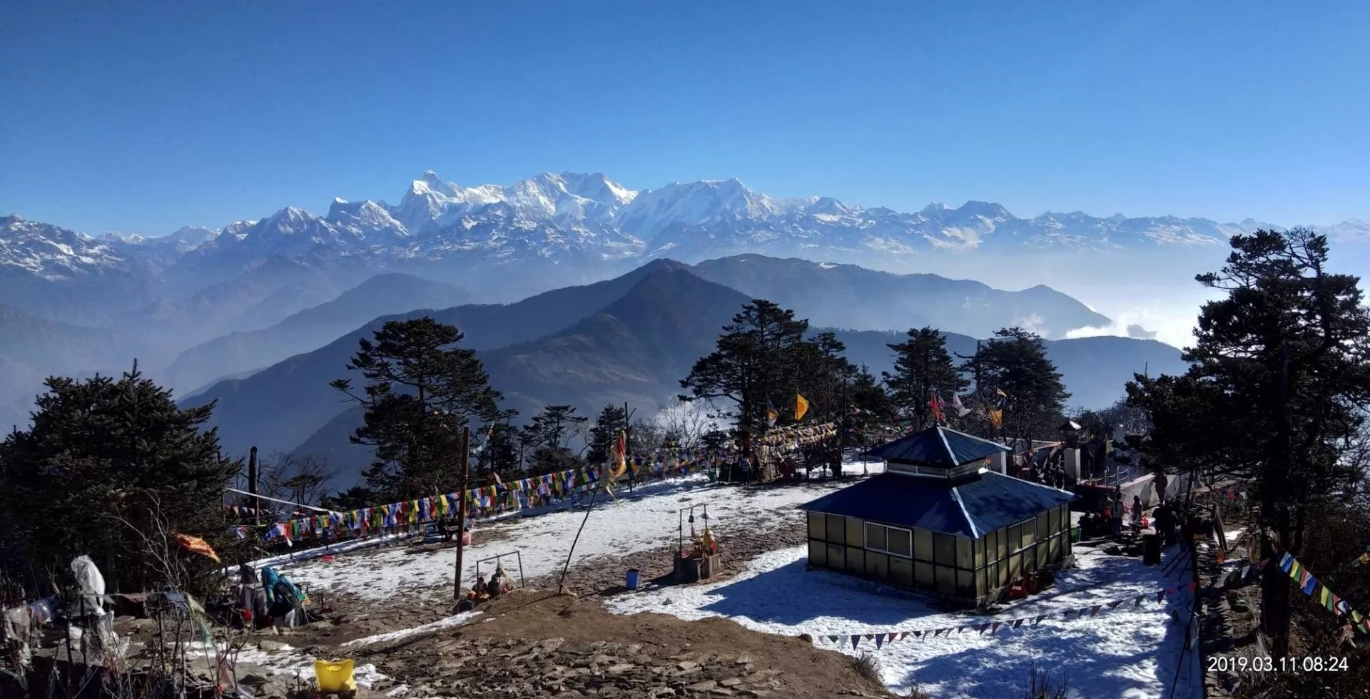 Pathibhara Devi temple on a ridge with Kanchenjunga behind, Nepal